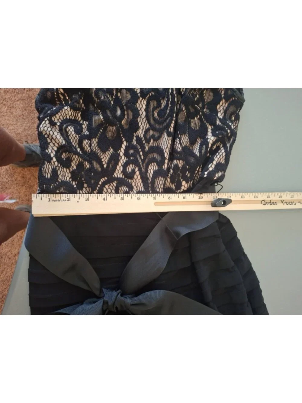 Betsy & Adam Dress 6 Black Nude Lace Ruched Mermaid Maxi Gown Formal Romantic